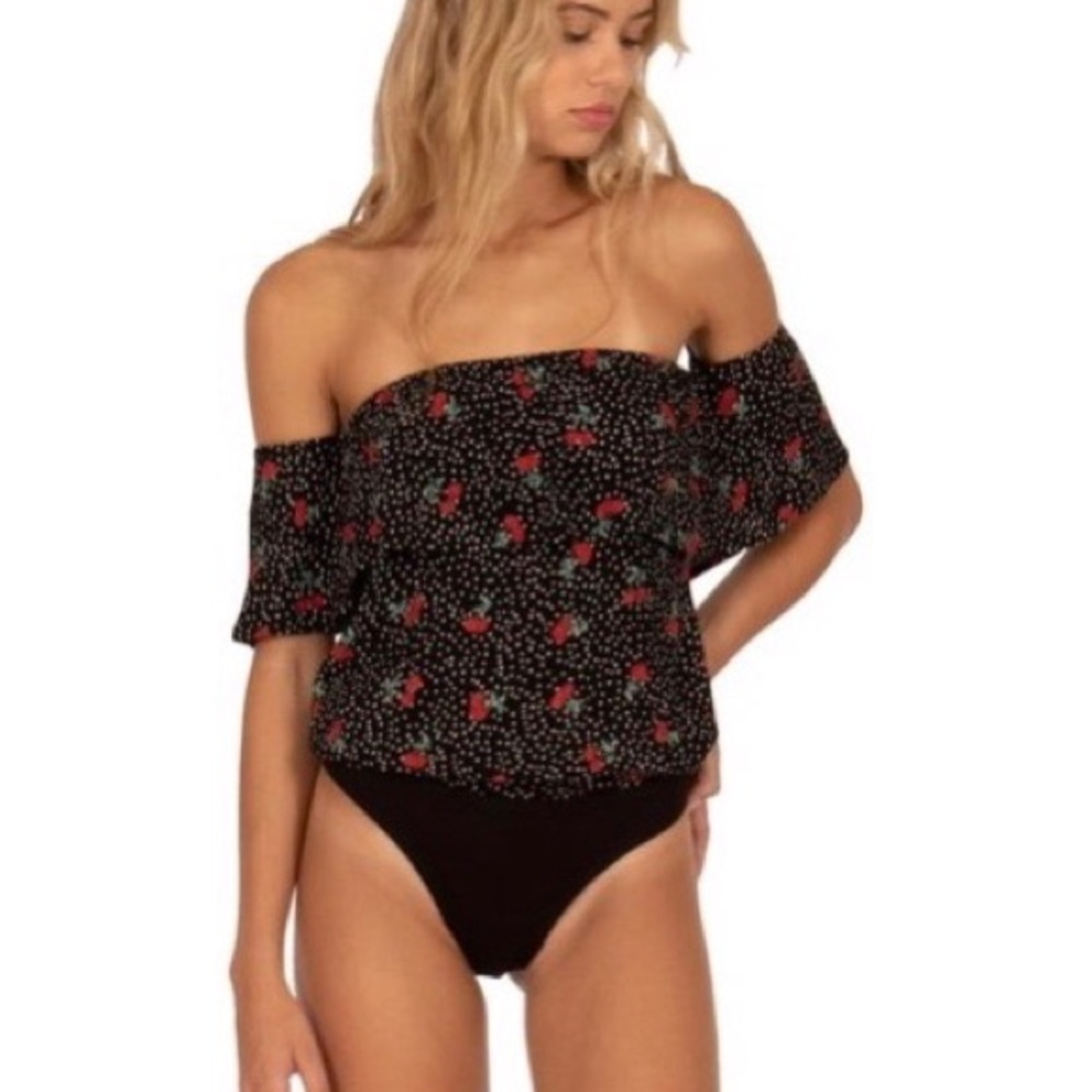 Cherry Bodysuit Black Red White Top